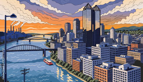 Urban Waterfront Skyline Panorama Featuring Bridges River Traffic and Industrial Structures During Sunset Hour pittsburgh skyline vector