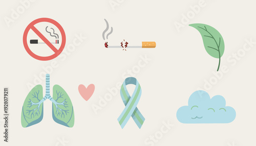 A collection of icons illustrating lung health, smoking cessation, and awareness, featuring lungs, a no smoking sign, a lit cigarette, a leaf, an awareness ribbon, and a cloud.