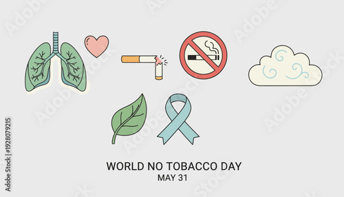Vector illustration for World No Tobacco Day on May 31, featuring icons like lungs, heart, broken cigarette, no smoking sign, leaf, and awareness ribbon.