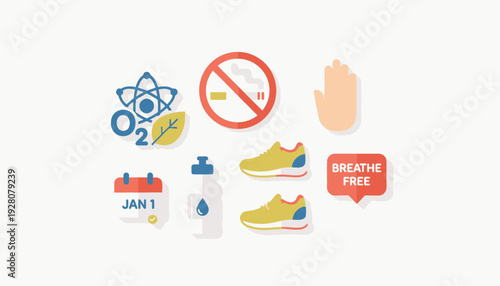 A collection of health and wellness icons promoting a smoke-free and active lifestyle.