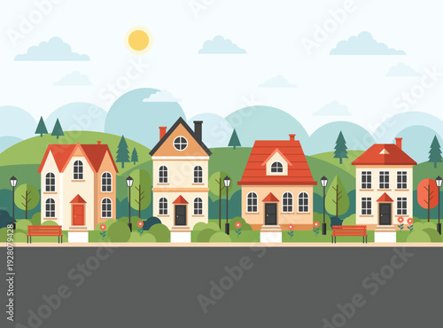 cozy suburban street featuring colorful houses, green hills, and trees under a sunny sky. Ideal for neighborhood, real estate