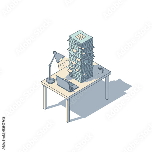Isometric illustration of a cluttered desk with stacks of paperwork, a broken piggy bank, and a falling profit chart, symbolizing a business facing financial crisis and bankruptcy.