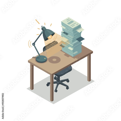 Isometric illustration of a desk with a lamp, stacks of money, and a broken piggy bank, symbolizing a financial crisis and debt problem concept in a business failure context.