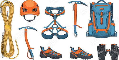 Mountain climbing and rock hiking equipment set, outdoor adventure gear, backpack, helmet, rope, ice axe, cad drawing flat vector illustration.