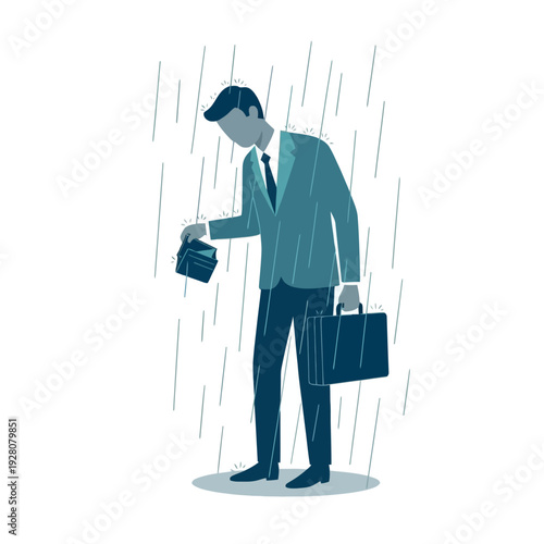 Illustration of a businessman in a suit holding an empty wallet and briefcase, standing in the rain, conveying a financial crisis and bankruptcy concept with a somber mood.