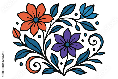 Vibrant floral and leaf design with swirling decorative elements