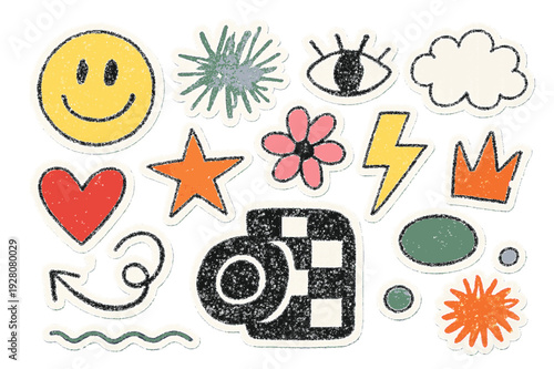 Retro Pop Art Sticker Set with Hand Drawn Y2K Aesthetic Elements