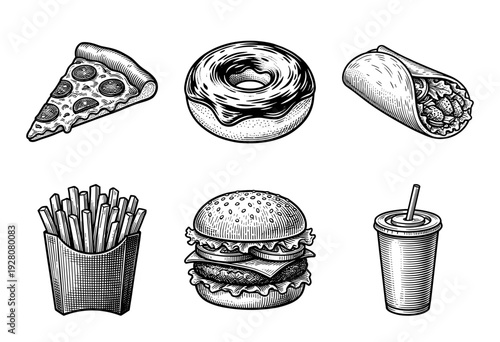 Vintage woodcut style fast food collection featuring pepperoni pizza slice burger french fries donut taco and soda cup