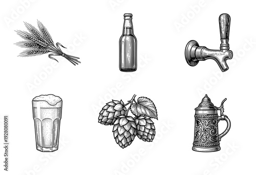 Vintage brewery collection featuring hand drawn engraving style illustrations of beer ingredients, glassware, and draft equipment