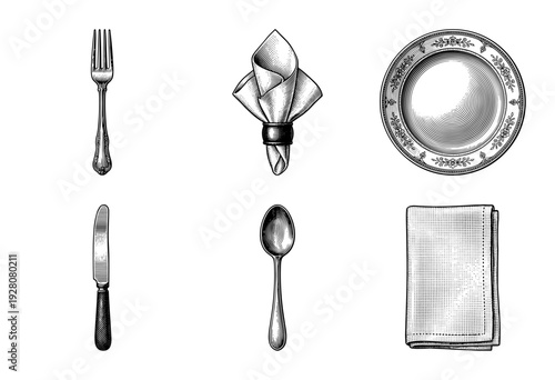 Vintage engraving style dining set featuring a fork, knife, spoon, ornate plate, and folded napkins