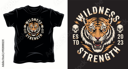 Tiger head wildness strength vintage t-shirt design with skulls and lightning t-shirt design print illustration