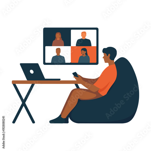 Man in Orange Shirt on Dark Beanbag Chair Video Conferencing