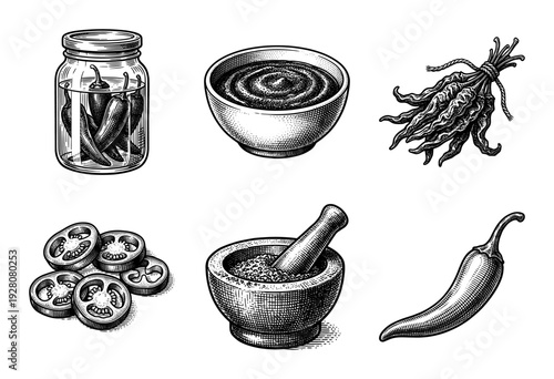 Vintage woodcut style collection of chili pepper illustrations including mortar and pestle, pickled jars, and sliced vegetables
