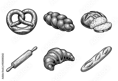 Vintage engraving style bakery collection featuring bread loaves, croissant, pretzel, baguette, and rolling pin on white background.