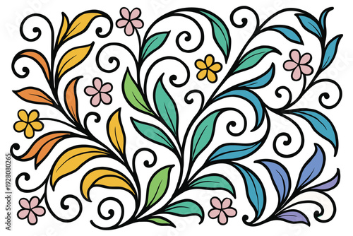 Vibrant floral design with intricate swirling patterns and colorful flowers