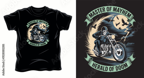 Master of mayhem herald of doom skeleton rider on motorcycle t-shirt design print illustration