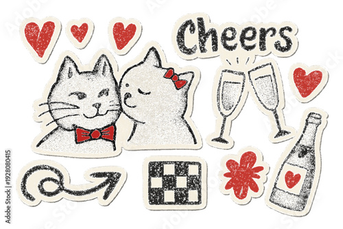 Vintage Hand Drawn Romantic Cat Couple Celebration Sticker Set Illustration