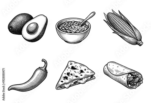 Vintage woodcut style collection of Mexican food elements featuring avocado, chili pepper, corn, beans, quesadilla, and burrito in a detailed black and white engraving.