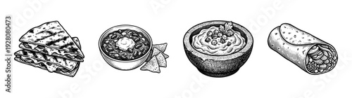 Mexican food collection featuring hand drawn ink sketches of quesadilla black bean soup guacamole and burrito on a white background