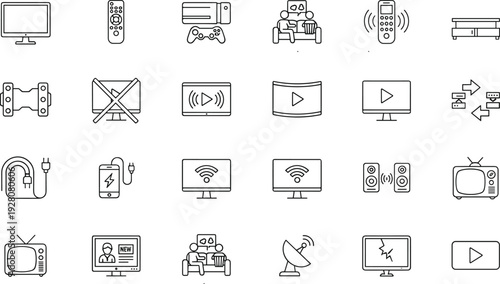 Television and multimedia icon set, smart TV, video streaming, game console, remote control, cad drawing flat vector illustration, thin line.