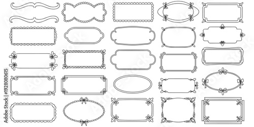 Decorative label frames, ornamental borders, scalloped edges, floral motifs, bows curls, geometric shapes, scrapbooking design, invitation artwork, stationery motif, flat vector illustration