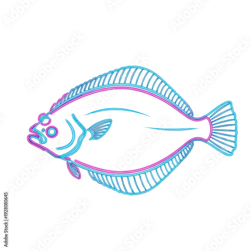 Flatfish illustration, neon outline, blue and pink