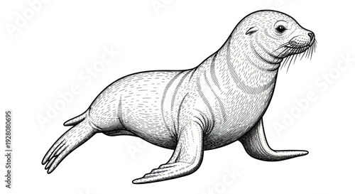 Detailed Line Drawing Illustration of a California Sea Lion on White Background