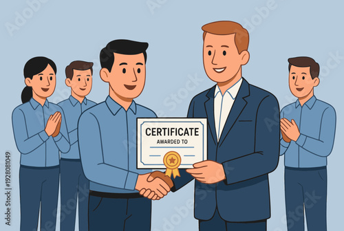 Flat vector illustration of a manager handing a certificate to employee, both smiling, handshake, applause from team in background