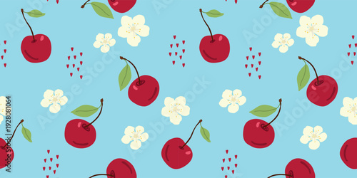 Cute cherry seamless pattern with blossoms and small hearts on blue background. Sweet berry vector background for textile and kids design.