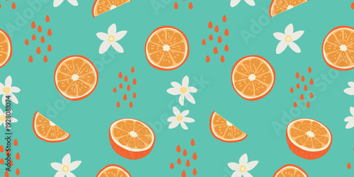 Bright orange fruit seamless pattern with citrus slices and white flowers. Refreshing summer vector background on turquoise.