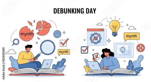 Debunking Day Vector Illustration with Fact-Checking, Critical Thinking, and Discovery Scene