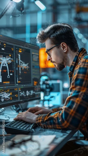 An engineer plaid shirt intently examines computer screen featuring complex designs, surrounded electronic equipment cutting-edge modern technology lab fostering collaboration driving innovation field