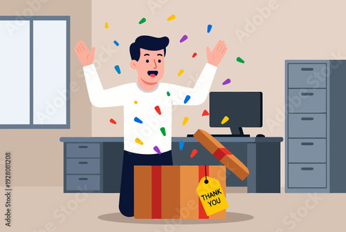 Flat vector horizontal scene of employee opening a surprise thank-you box with confetti explosion, joyful expression
