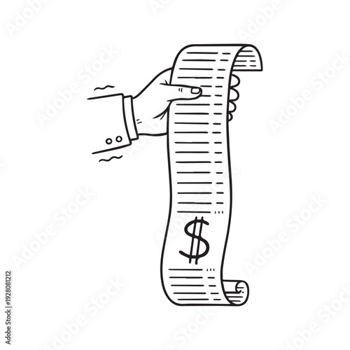 Hand drawn doodle sketch of a hand holding a very long receipt bill with dollar sign
