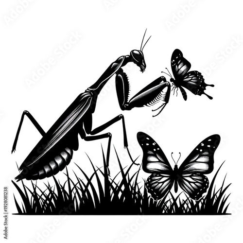 Praying Mantis and Butterfly Silhouette: A detailed silhouette depicts a praying mantis poised in the grass, interacting with two butterflies.