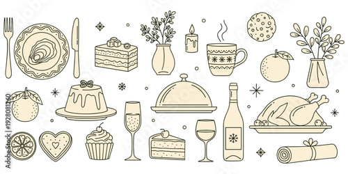 Holiday feast illustration, festive food and drinks, celebration dinner table, cake and turkey, warm family gathering, flat vector illustration