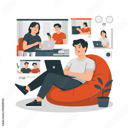 Man participating in a video conference with multiple participants