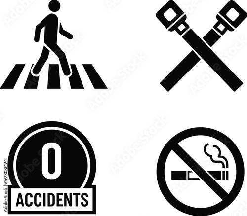 Black and white safety icons featuring pedestrian crosswalk, seat belt, zero accidents badge, and no smoking symbol for awareness design