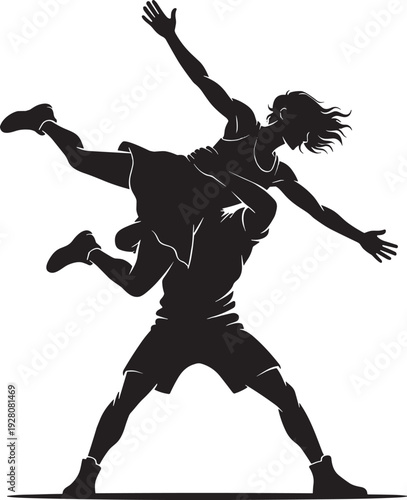Acrobatic dance lift silhouette vector illustration, dynamic couple performing aerial stunt isolated black design