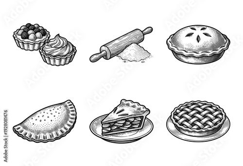 Vintage engraving collection of bakery items featuring pies, tarts, and a rolling pin in a hand-drawn woodcut style.
