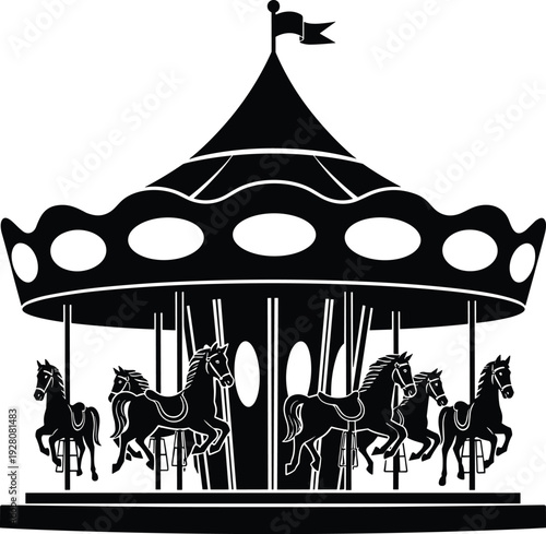 Black and white silhouette of carousel with horses and canopy, amusement park ride artwork symbolizing childhood fun, fairgrounds, and entertainment