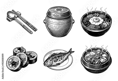 Set of traditional Korean cuisine and tableware illustrations in a detailed black and white vintage woodcut engraving style