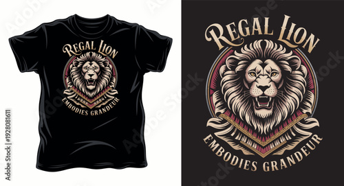 Regal lion head wearing crown emblem with ornate details embodies grandeur text t-shirt design print illustration
