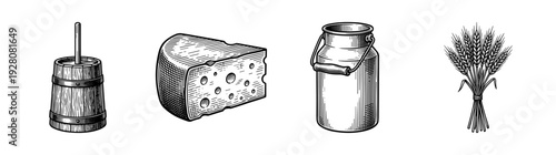 Set of four vintage woodcut illustrations featuring a butter churn, Swiss cheese wedge, metal milk can, and a bundle of wheat stalks.