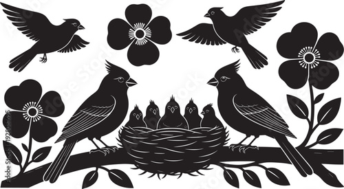 Bird family silhouette with nest and flowers vector illustration, cardinal parents feeding chicks decorative black nature design