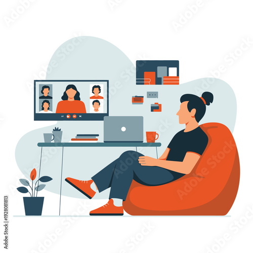 Person in Black Shirt on Orange Beanbag Chair Video Conferencing