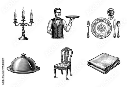 Vintage engraving collection of fine dining restaurant icons including waiter with tray, candelabra, formal table setting, and ornate furniture