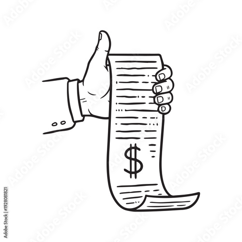 Hand drawn doodle sketch of a hand holding a very long receipt bill with dollar sign
