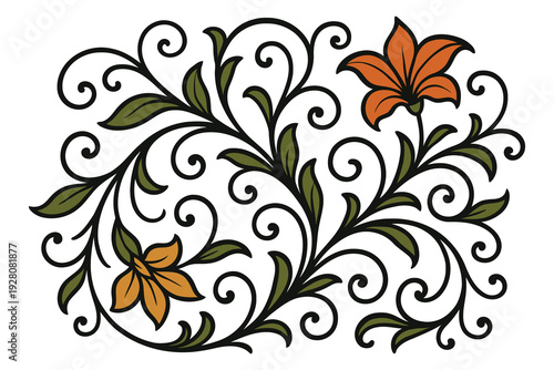 Elegant floral scrollwork with decorative leaves and blooming flowers in intricate design