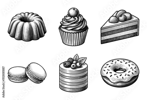 Vintage engraving style dessert collection featuring bundt cake cupcake macarons berry torte and sprinkled donut illustrations